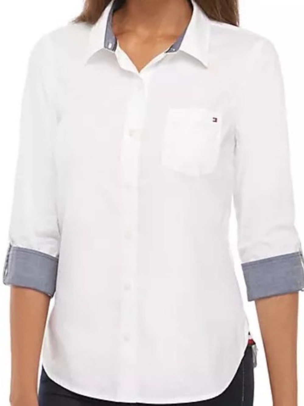 TOMMY HILFIGER button up long sleeve roll tab collared cotton white blue size XL